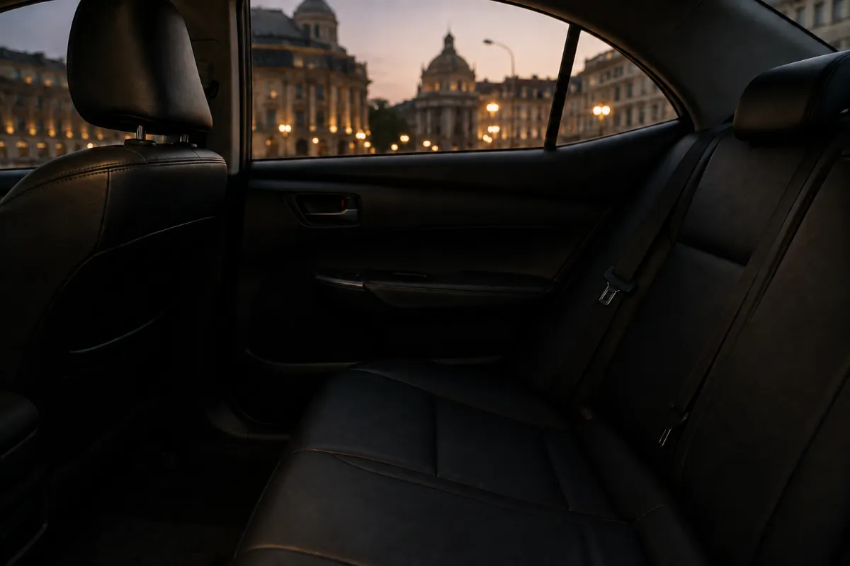 Interior oscuro de un Toyota Corolla con luces de la ciudad y una señal Wi-Fi dorada superpuesta, imagen ilustrativa de la conectividad a bordo